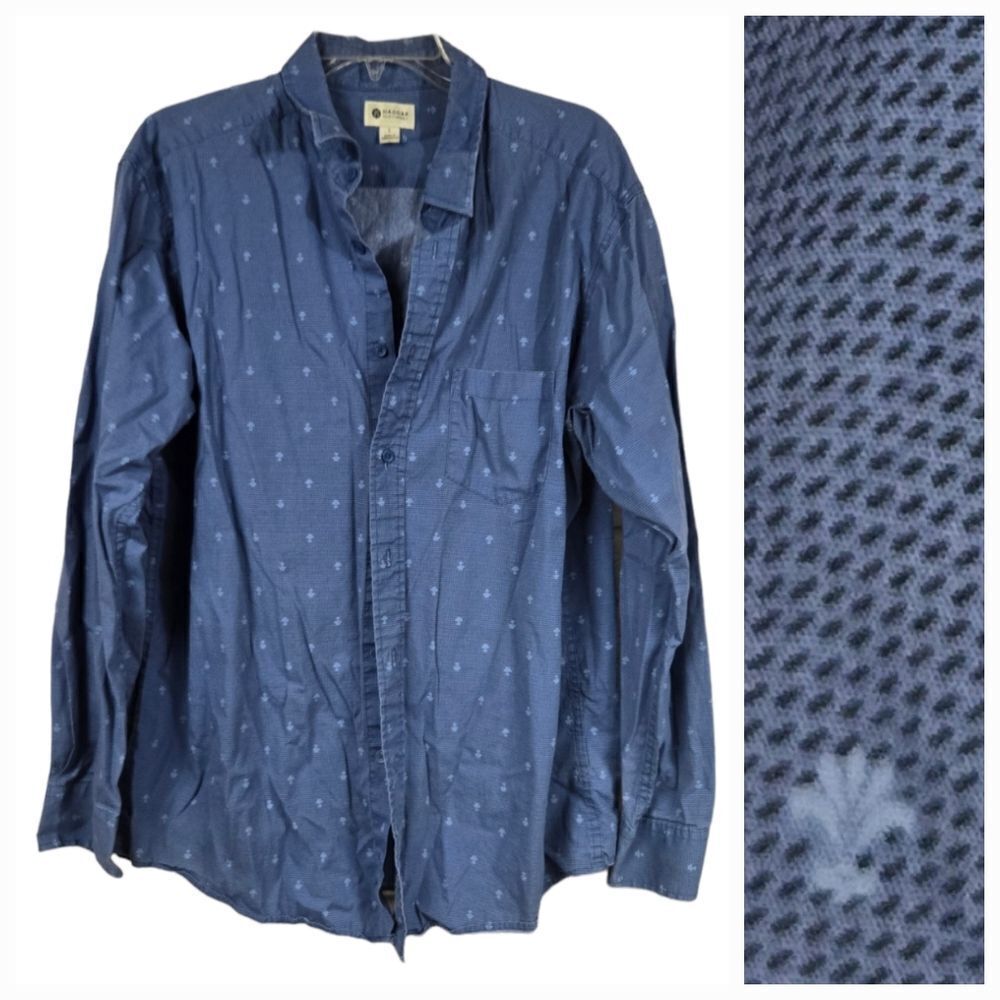 Haggar Men's Distressed Blue Print Easy-Care Stretch Long Sleeve Casual Shirt L